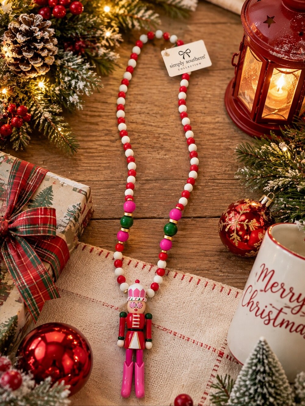 Simply Southern Pink Nutcracker Beaded Christmas Statement Necklace